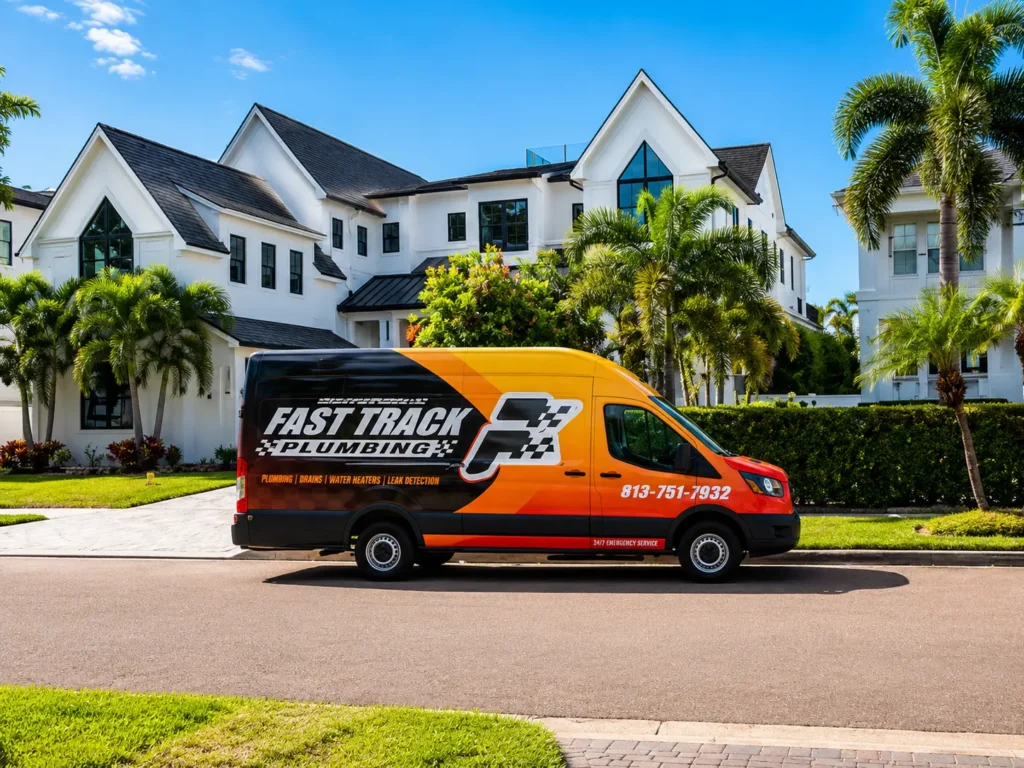 Fast Track Plumbing service van parked in front of a modern residential home, showcasing professional plumbing services in the Tampa Bay area.